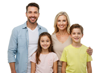 Obraz premium A joyful family of four, with parents and two children, smiles brightly against a transparent background, exuding happiness and connection. (PNG). 