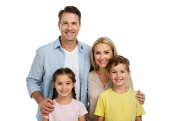 A joyful family of four, with parents and two children, smiles brightly against a transparent background, exuding happiness and connection. (PNG).
