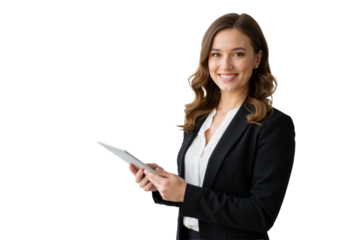 Confident woman in a black blazer and white blouse, holding a tablet, smiling warmly against a transparent background (PNG).
