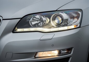 Close-up of the headlight and front light on a silver car automobile vehicle view.