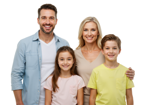 A joyful family of four, with parents and two children, smiles brightly against a transparent background, exuding happiness and connection. (PNG).
