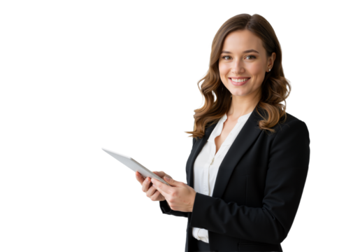 Confident woman in a black blazer and white blouse, holding a tablet, smiling warmly against a transparent background (PNG).