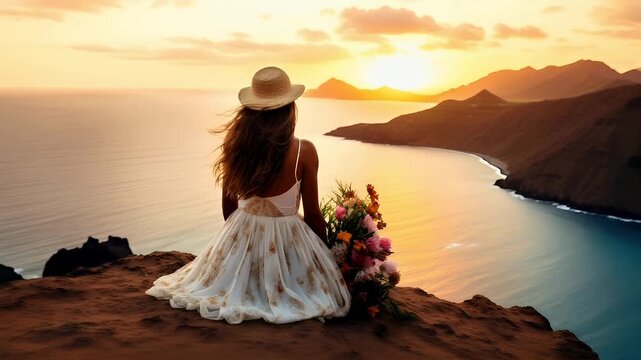 woman in white dress and straw hat overlooking ocean during sunset with mountains in the backgroundwoman in flowing white dress with floral pattern on rocky shore during sunset.