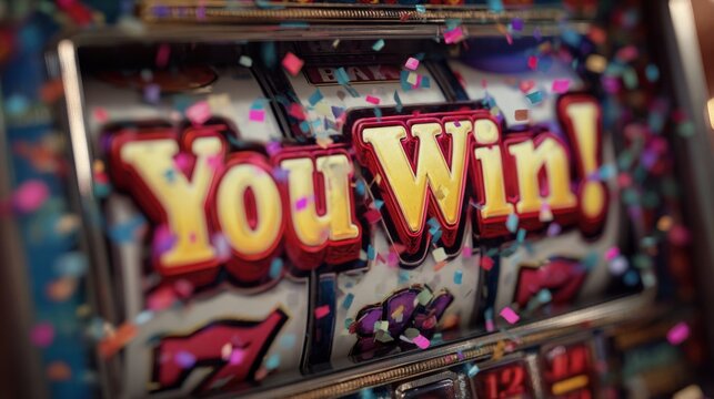 Slot machine display screen showing You Win! message with glowing effects - Powered by Adobe
