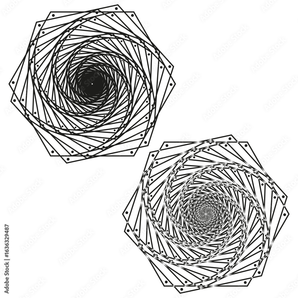 Poster abstract spiral pattern. geometric vortex shapes. dynamic rotation vector. black line illustration.