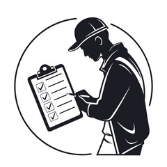 Silhouette of an inspector with a clipboard marking a checklist. A black and white icon for quality control and task management.