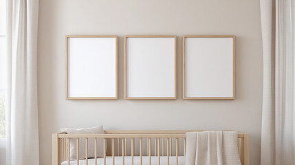 Blank frames set of 3 for wall art mockup are displayed on the wall of a serene nursery, featuring a wooden crib and neutral tones.
