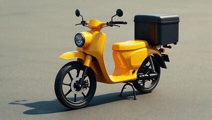 Yellow motor scooter with black delivery box on a gray background