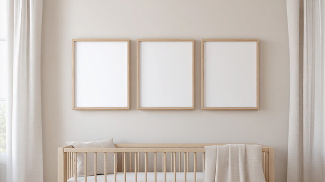 Blank frames set of 3 for wall art mockup are displayed on the wall of a serene nursery, featuring a wooden crib and neutral tones.