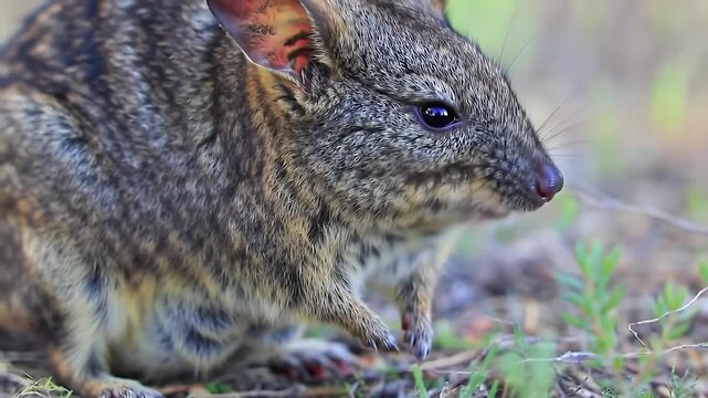 Close-up Portrait of a Small Australian Potoroo or Rat-Kangaroo in its Natural Bushland Habitat