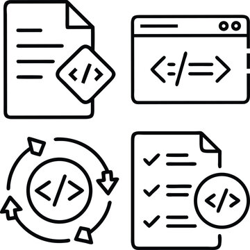 Four distinct icons illustrating aspects of coding, including documents, web pages, processes, and task lists with code symbols.