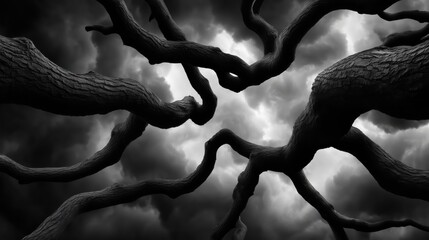 Black and white photograph of gnarled tree branches against a cloud-filled sky