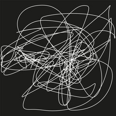 Chaotic line pattern. Scribble art illustration. Tangled wire abstract. Vector black background.