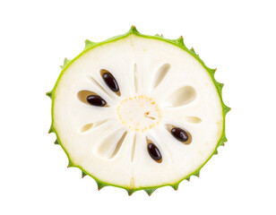 Angled View of a Soursop Slice with Prominent Seeds and Textured Green Peel, Transparent Background