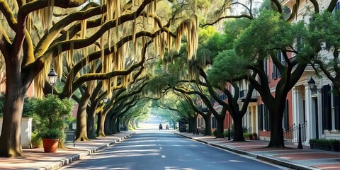 Quaint Savannah street, Spanish moss draped oaks, antebellum architecture, house, city