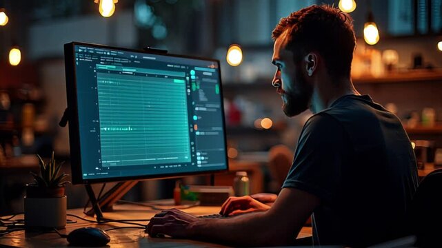A man with a beard is working on a computer, likely coding or programming, with a focused expression.