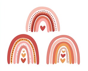 Obraz premium Three stylized, terracotta-toned rainbows, each featuring a heart-shaped design element, arranged vertically on a white background