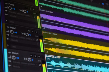 Abstract audio spectrum with clean vector lines and glowing highlights, ideal for digital sound...