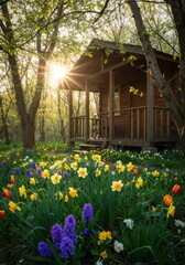 Obraz premium A charming wooden cabin nestled amongst vibrant spring wildflowers, bathed in sunlight.