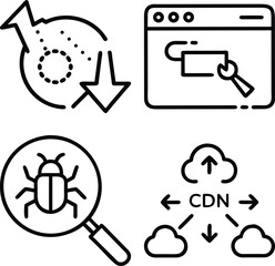 Four line art icons representing software development, debugging, and content delivery networks, illustrating key aspects of modern digital infrastructure.