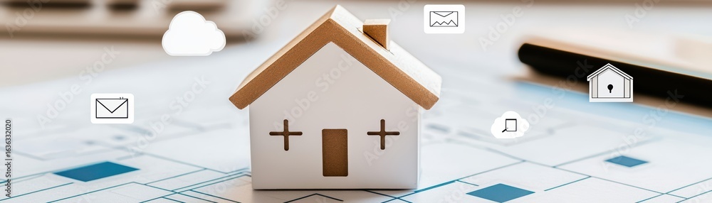 Poster house model on architectural blueprint with design elements