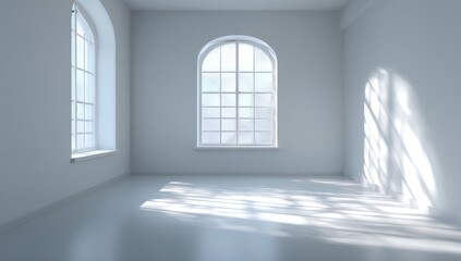 Empty room with large windows, sunlit