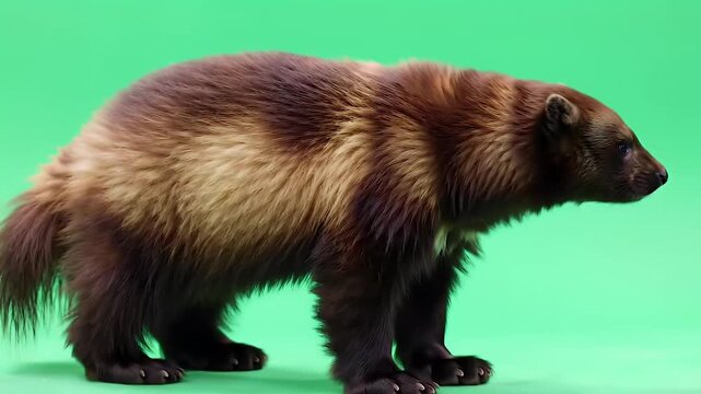 Powerful Wolverine (Gulo gulo) standing in profile against a bright green screen, ready for isolation.