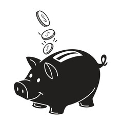 Black silhouette of a piggy bank with dropping dollar coins. A simple icon for finance, investment, and savings concepts.