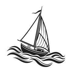 Silhouette of a classic sailboat navigating ocean waves, a black and white vector illustration for maritime themes.