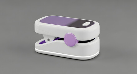 A 3D cartoon white and purple pulse oximeter device against a gray background, used for measuring blood oxygen saturation.