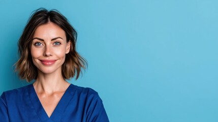 Mid-thirties woman in blue medical scrubs with shoulder-length brown hair and blue eyes smiling confidently against a solid blue background