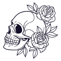 Fototapeta premium Minimalist line art human skull merged with blooming flowers and botanical elements for graphic design projects
