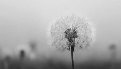 A grayscale close-up of a dandelion seed head,  with a soft, out-of-focus background of more seed heads in a hazy, misty environment