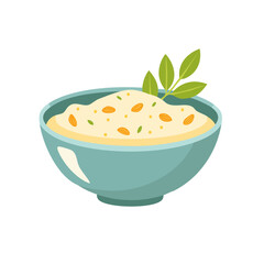 A delicious bowl of creamy porridge, garnished with fresh herbs, looks appetizing. The light color of the porridge contrasts beautifully with the bowl and the sprig of herbs.
