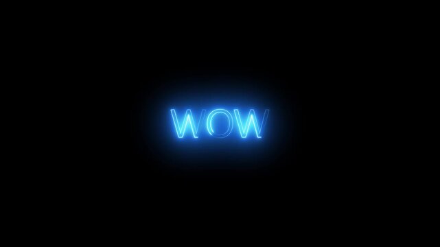 Glowing neon Wow sign text animation. Wow neon sign and neon lines wow text animation on black background.