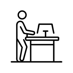 Line icon of a person working at a standing desk with a computer, representing ergonomic workspace and office health.
