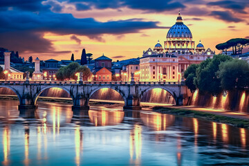 Fototapeta premium St Peters Basilica Ponte Sant Angelo Rome Dusk italy