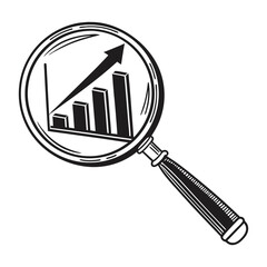 Vintage hand-drawn illustration of a magnifying glass over a growing bar chart, symbolizing business analysis and financial success.