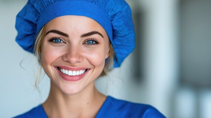Close-up portrait of a young female healthcare professional in blue surgical cap and scrub top