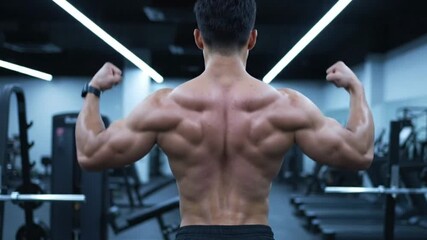 Muscular man poses back to camera in a gym setting with exercise equipment in the background