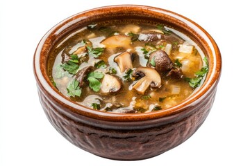 A bowl of mushroom soup with parsley garnish close up