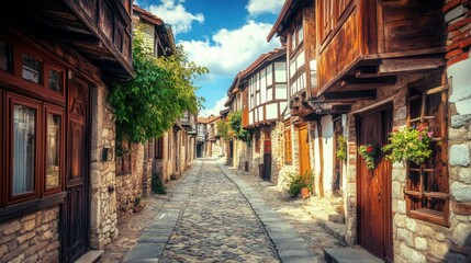 Fototapeta premium Charming cobblestone street in an old European town.