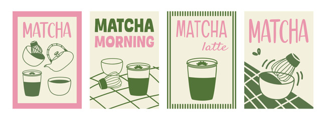 Set of retro posters featuring matcha, green tea, and latte. Minimalist green design elements include a cup, whisk, and tea drink. Suitable for cafe decor or tea-related content.