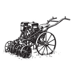 Fototapeta premium Antique farm tractor illustration hand drawn vintage style farming machinery design