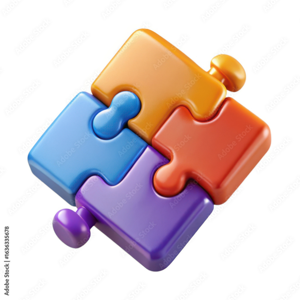 Poster 3d colorful puzzle pieces connected isolated on transparent background