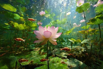Underwater lotus pond, vibrant pink flower. Sunlight streams through clear water, illuminating fish and lush greenery