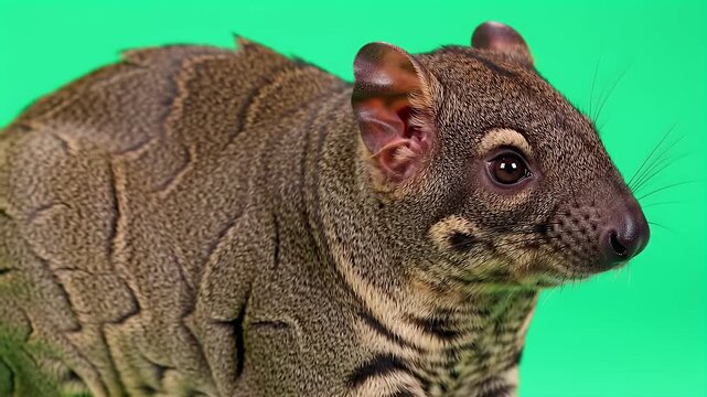 Close-up Portrait of a Striking Patterned Civet or Genet-like Mammal Against a Vivid Green Studio Background