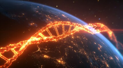 Fiery dna helix wraps around the earth.