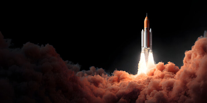 Space rocket launching into the sky with flames and smoke, symbolizing the start of a new product or service technology development process, smoke, 3D render