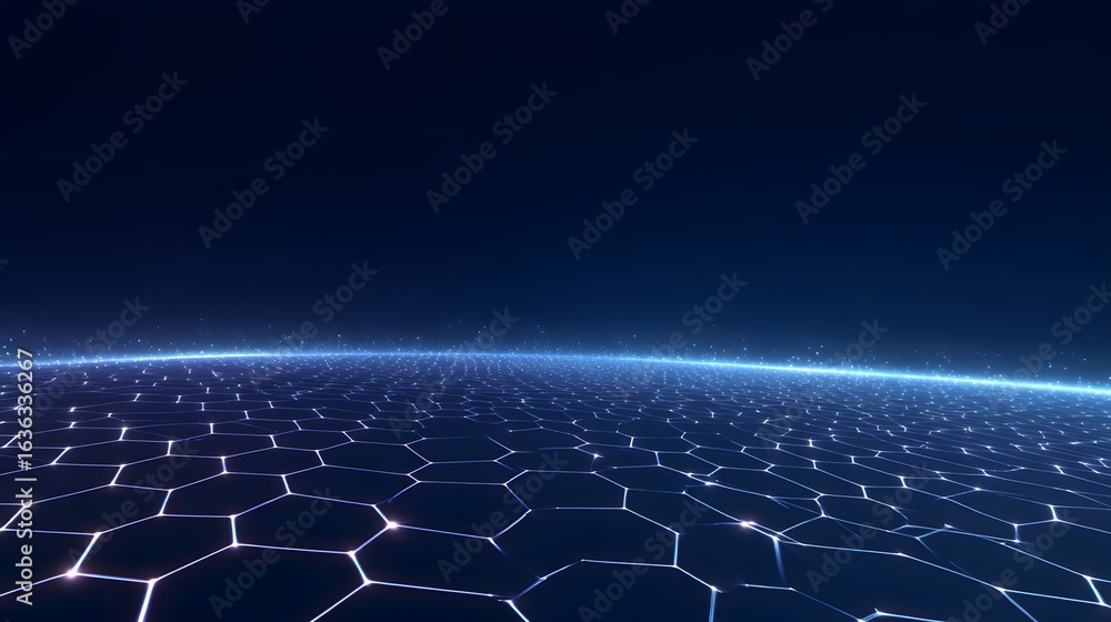 Poster hexagonal grid pattern with glowing light connections.